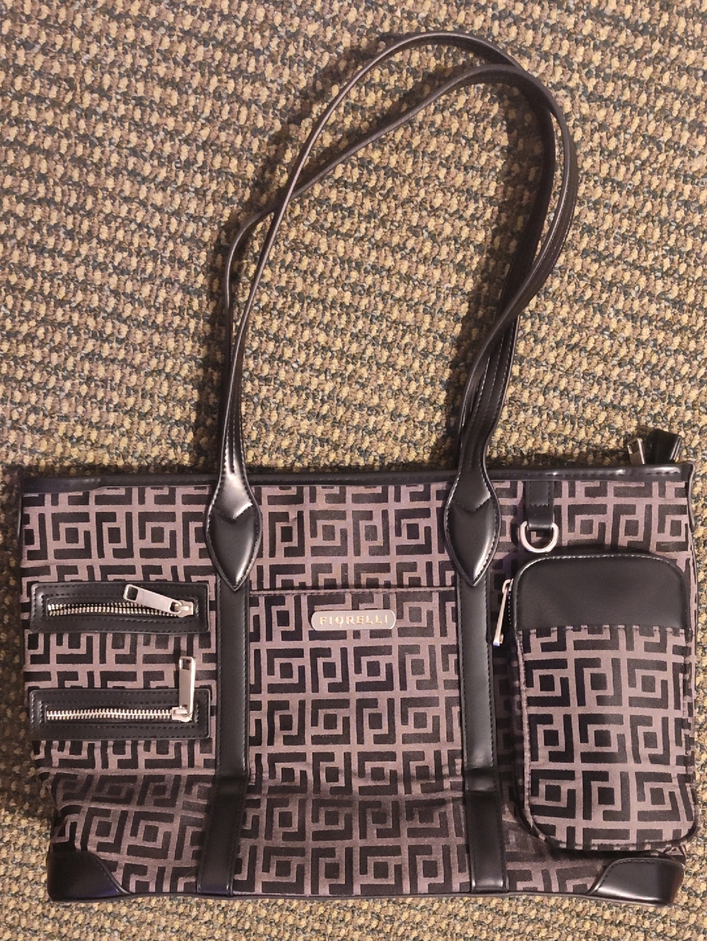 Black and Gray Geometric Tote Bag with Removable Pouch